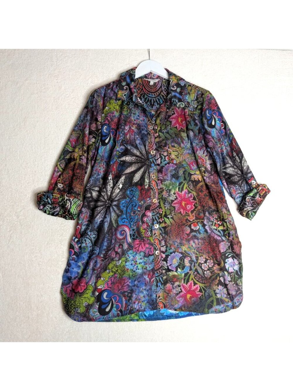 John Mark Mixed Print Satin Sz M Long Slv Button Blouse Tunic Artsy - Picture 6 of 11